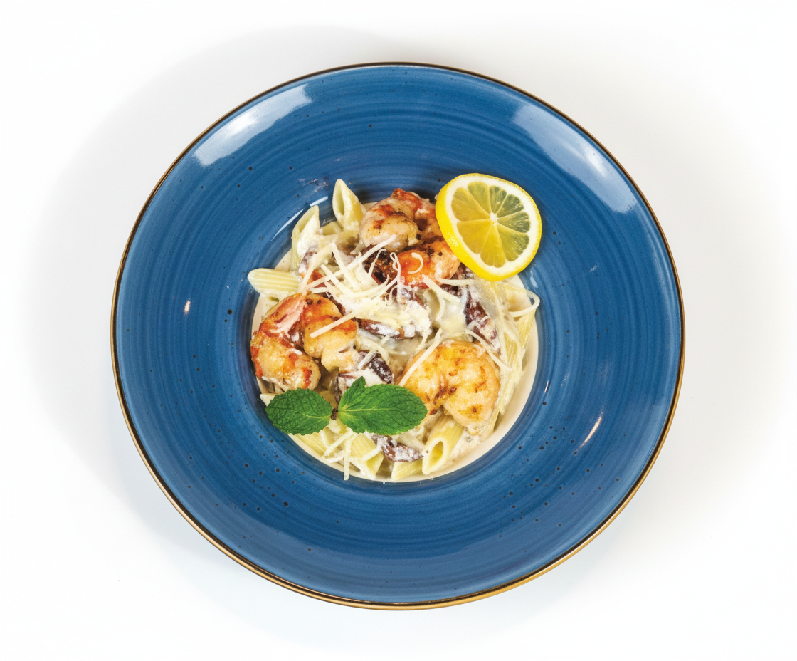 Пенне с креветками в сливочном соусе и песто